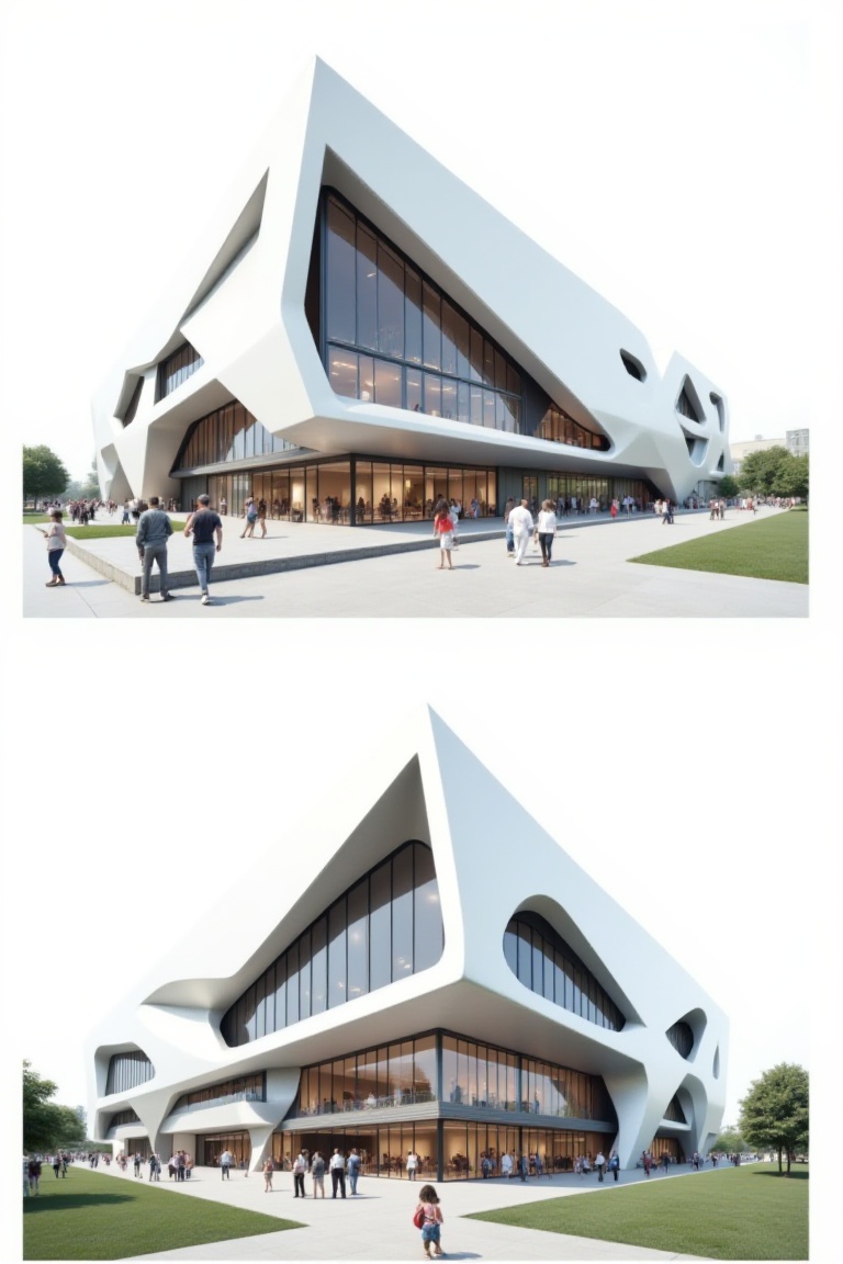 the top view of a modern building is seen in two different angles. The bottom view of the building is a close-up of the sa...