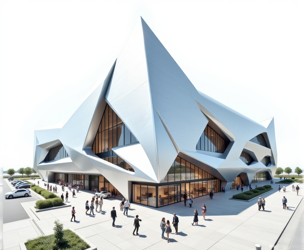Captured at eye-level on a high-angle perspective,  a medium-angle view of a modern white building,  adorned with a pyrami...