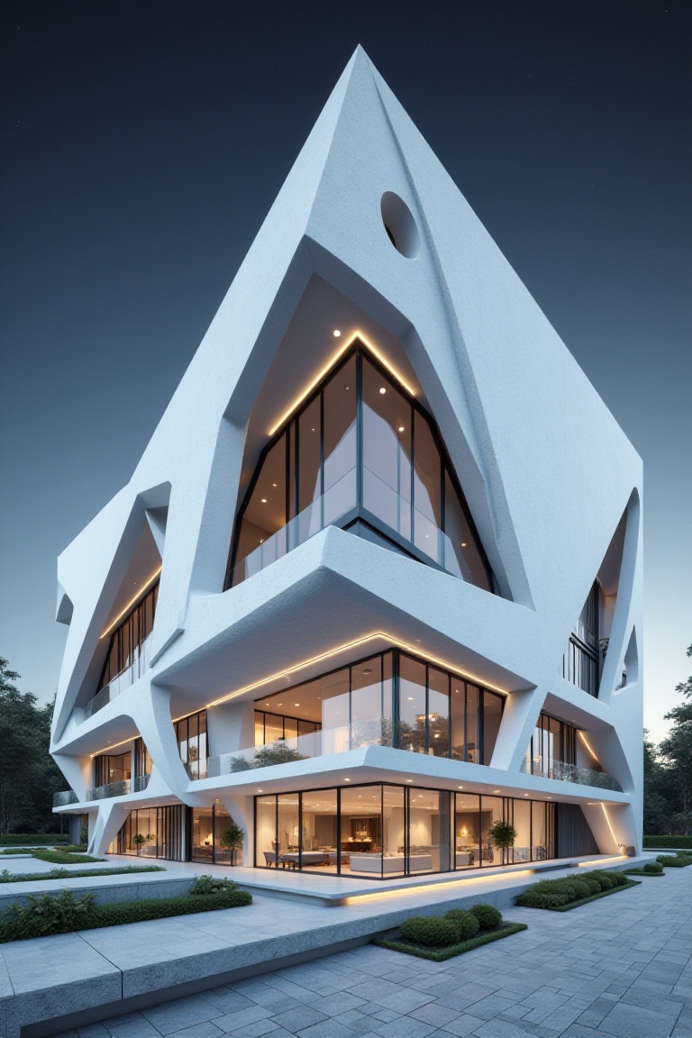 A close-up 3D design of a minimalist shop house featuring sharp angular geometry,  [20] stories complex structure,  on the...