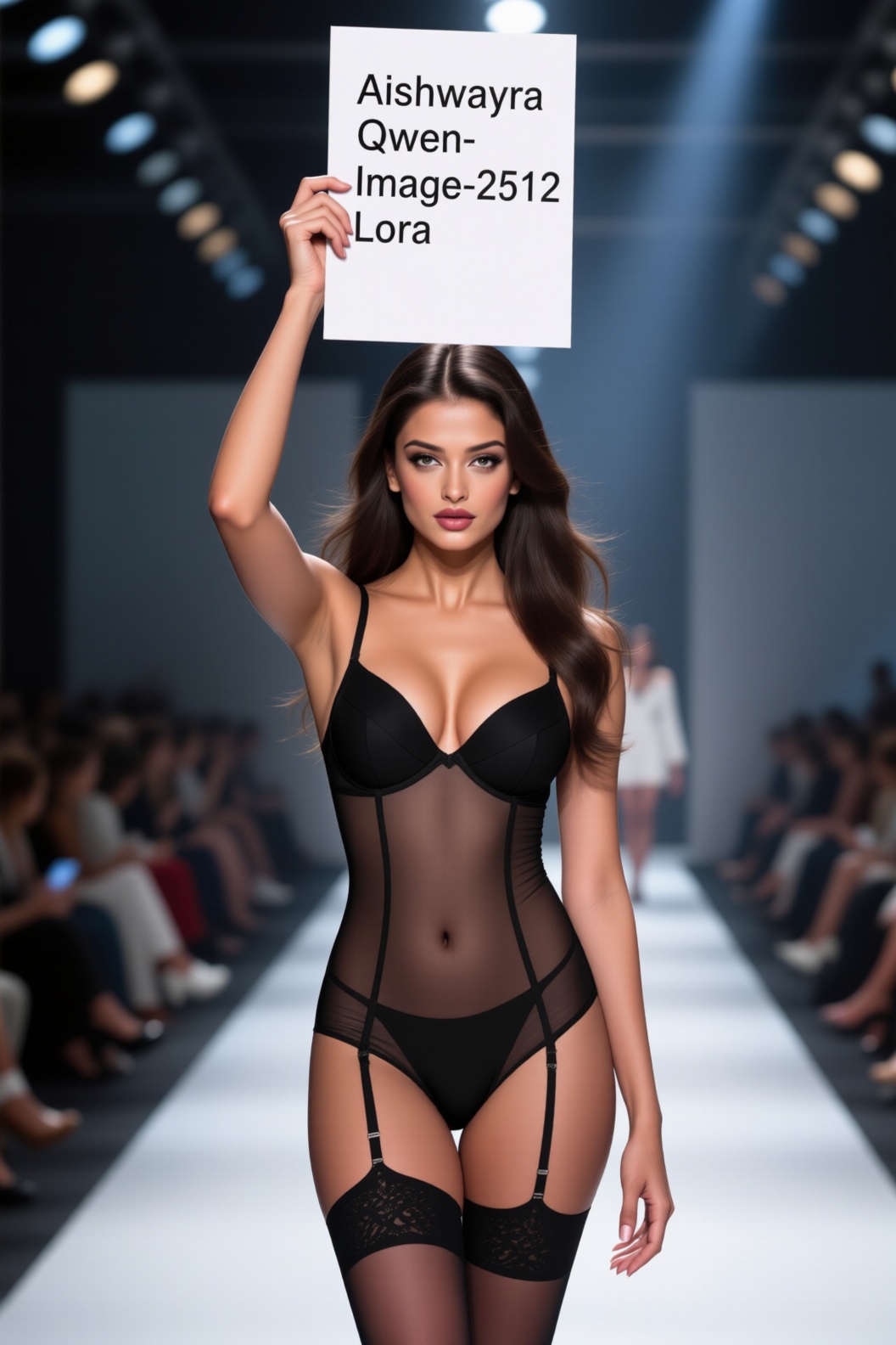 photorealistic fashion show with a woman in the catwalk with confidence in black sheer lingerie,  she is holding a paper a...