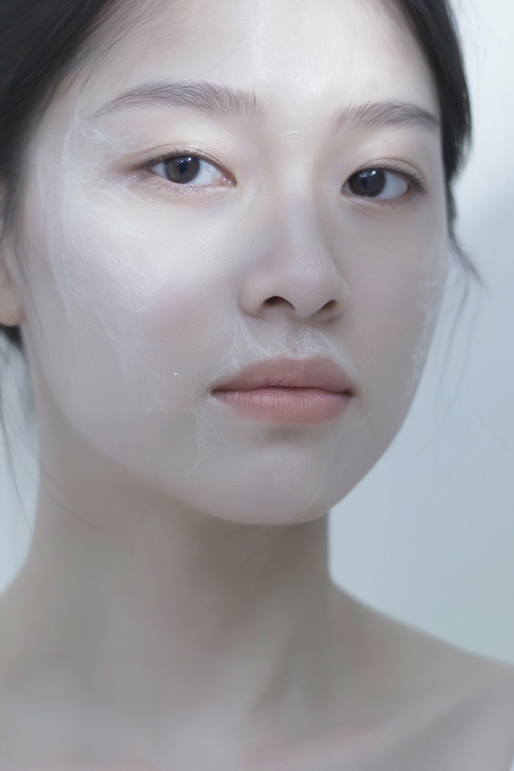 Close-up portrait of an 18-year-old East Asian girl,  with all facial features exposed,  2:3 vertical composition on Tenso...