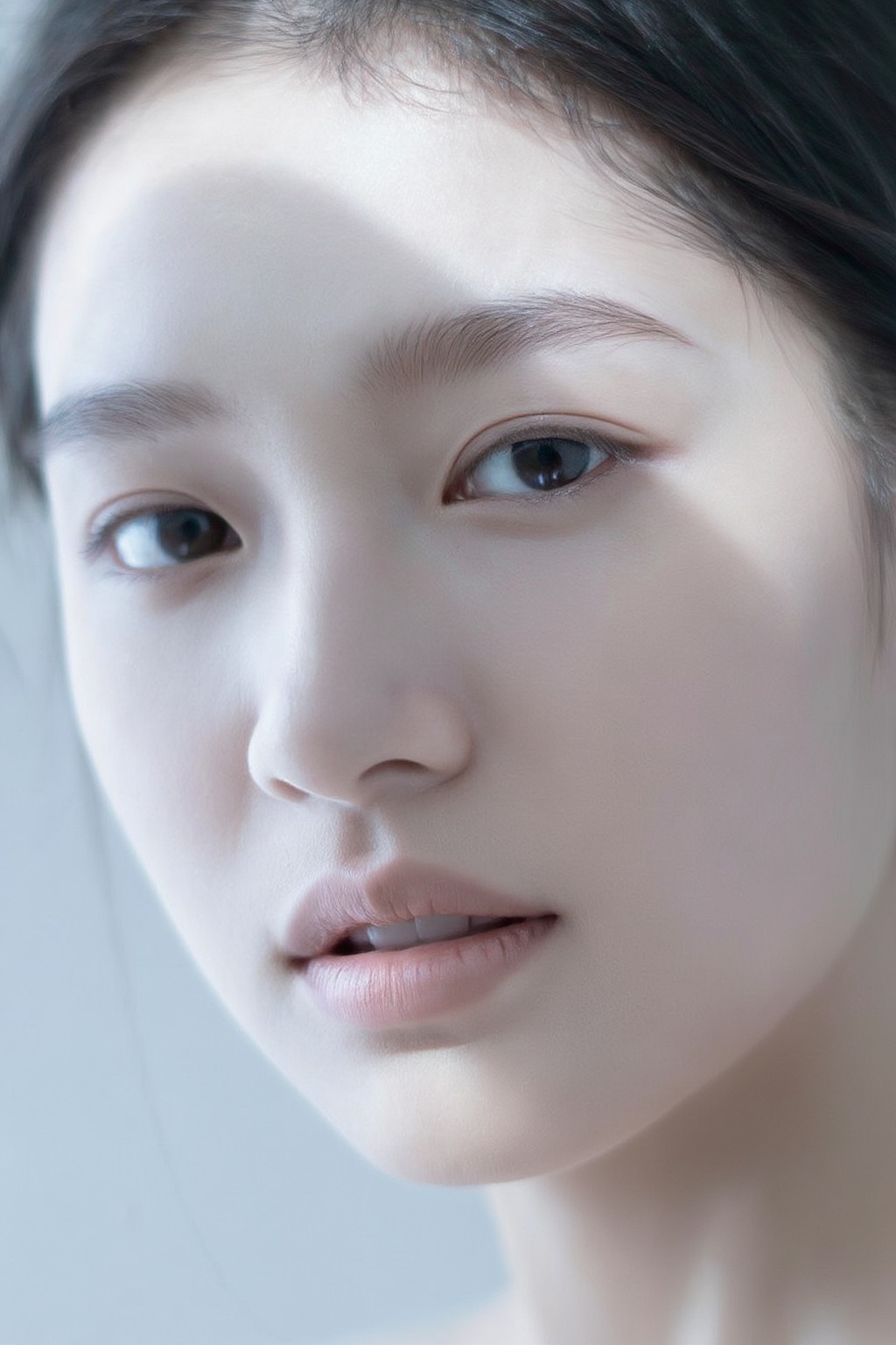 Close-up portrait of an 18-year-old East Asian girl,  with all facial features exposed,  2:3 vertical composition on Tenso...