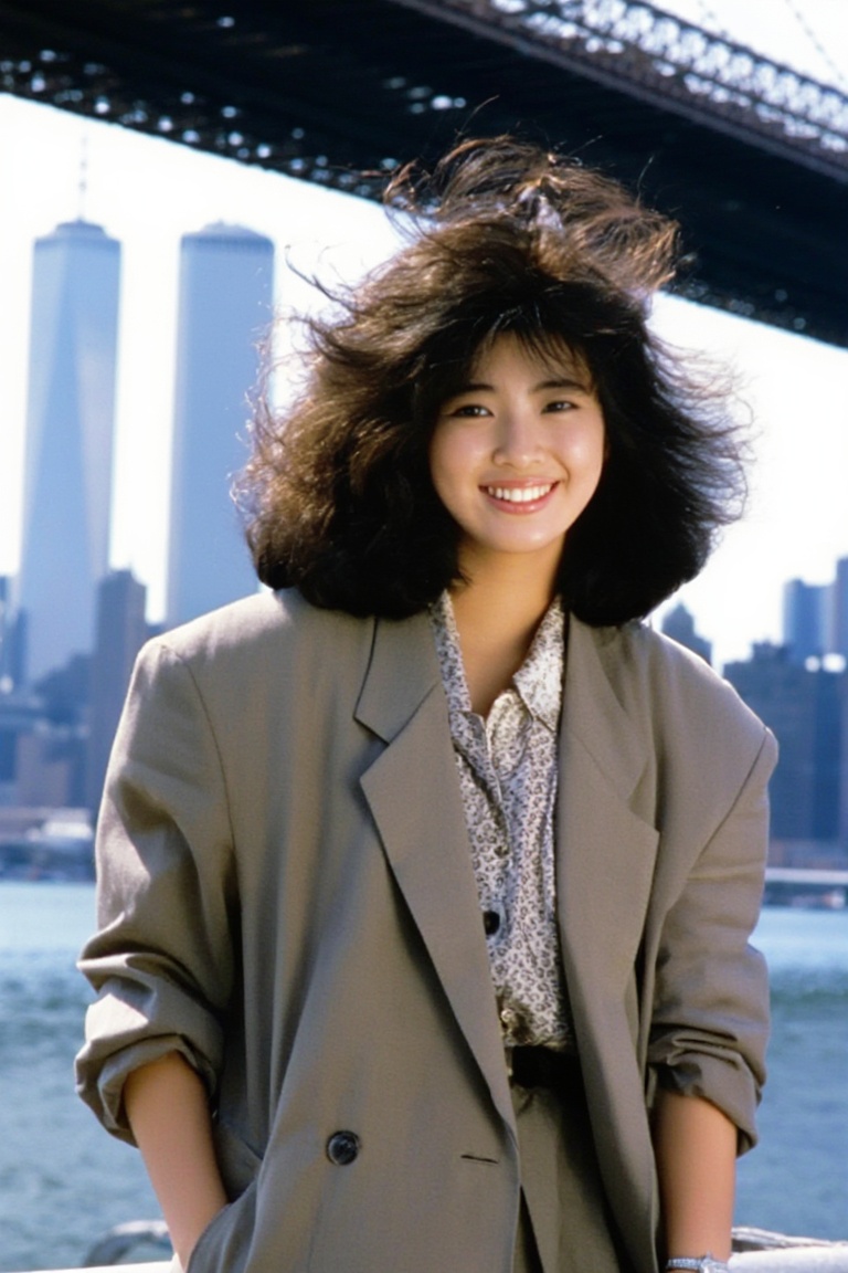 A classic 80s travel photograph of a young beautiful Japanese woman with voluminous,  wind-swept hair. She is smiling in f...