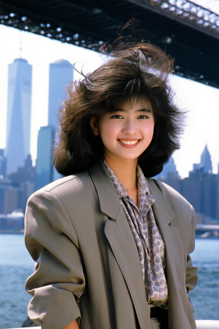 A classic 80s travel photograph of a young beautiful Japanese woman with voluminous,  wind-swept hair. She is smiling in f...