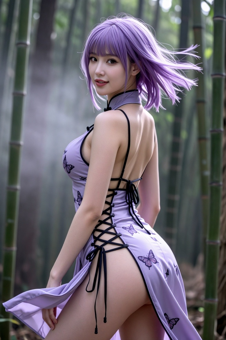 ethereal woman,  waist-length lavender hair with loose strands,  wearing light purple qipao lingerie with delicate butterf...
