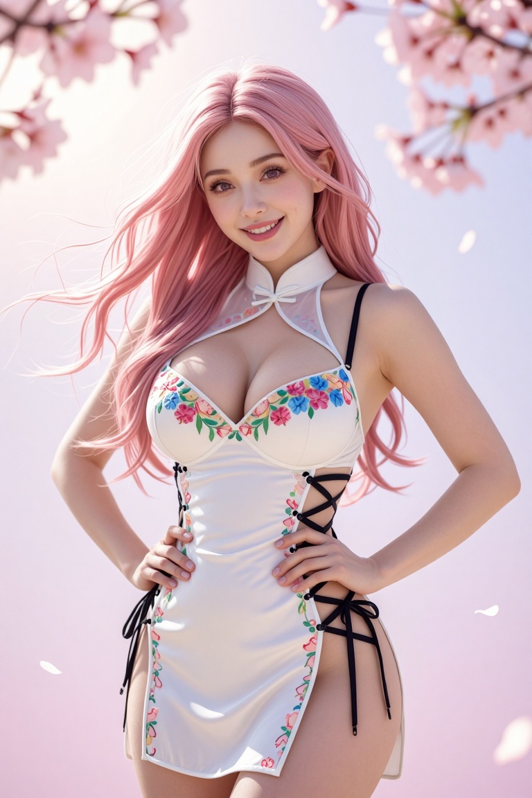 cute woman,  pastel pink long hair,  wearing white qipao lingerie with colorful floral embroidery and subtle transparent a...