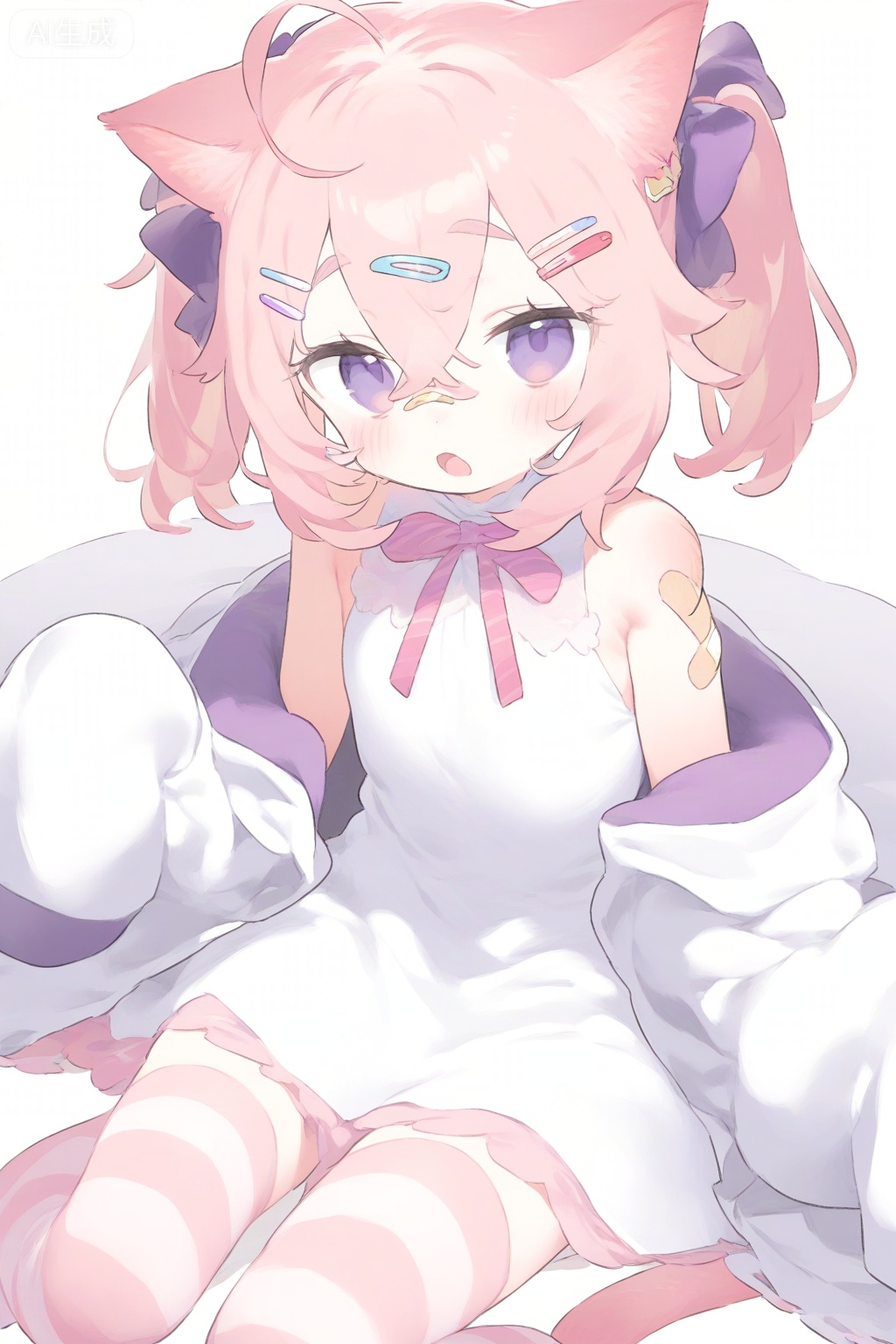 1girl, absurdres, ahoge, animal ears, bandaid, bandaid on shoulder, bare shoulders, blush, borrowed character, bow, cat ears, cat girl, coat, commentary request, commission, crossed bangs, dot nose, double-parted bangs, dress, feet out of frame, hair between eyes, hair bow, hair ornament, hairclip, highres, long sleeves, looking at viewer, off shoulder, open clothes, open coat, open mouth, original, pink bow, pink hair, pink thighhighs, purple bow, purple eyes, short dress, short hair, simple background, skeb commission, sleeveless, sleeveless dress, solo, striped clothes, striped thighhighs, thick eyebrows, thighhighs, twintails, urotsuki (ku9625), white background, white coat, white dress