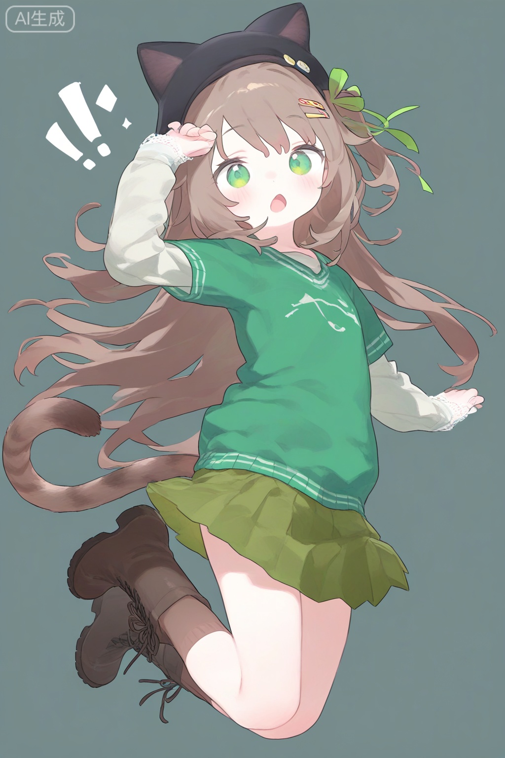 !, !!, 1girl, :o, absurdres, animal hat, black hat, boots, brown boots, brown hair, brown socks, cat girl, cat hat, cat tail, commentary request, cowboy shot, from side, full body, green eyes, green ribbon, green skirt, green sweater, hair ornament, hair ribbon, hairclip, hat, highres, kipfel (vrchat), lace-up boots, layered sleeves, long hair, long sleeves, looking at viewer, miniskirt, one side up, open mouth, parallel hairclips, pleated skirt, ribbon, shishiodoshi, short over long sleeves, short sleeves, simple background, skirt, socks, solo, sweater, tail, vrchat