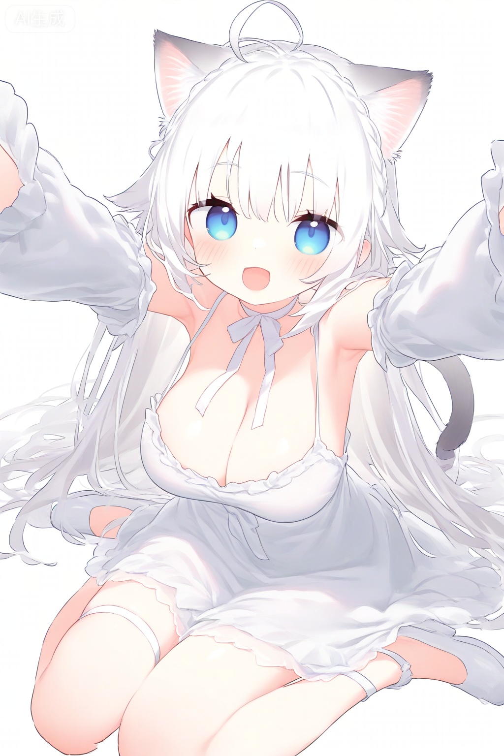 1girl, absurdres, ahoge, animal ears, armpits, bare shoulders, blue eyes, braid, breasts, cat ears, cat girl, cat tail, choker, cleavage, commentary, commission, detached sleeves, dress, extra ears, frilled dress, frills, highres, hiraga matsuri, large breasts, long hair, long sleeves, looking at viewer, open mouth, original, outstretched arms, ribbon choker, shoes, simple background, sitting, skeb commission, sleeveless, sleeveless dress, smile, solo, spaghetti strap, strap gap, tail, thigh strap, thighs, very long hair, wariza, white background, white choker, white dress, white hair, white shoes, white sleeves