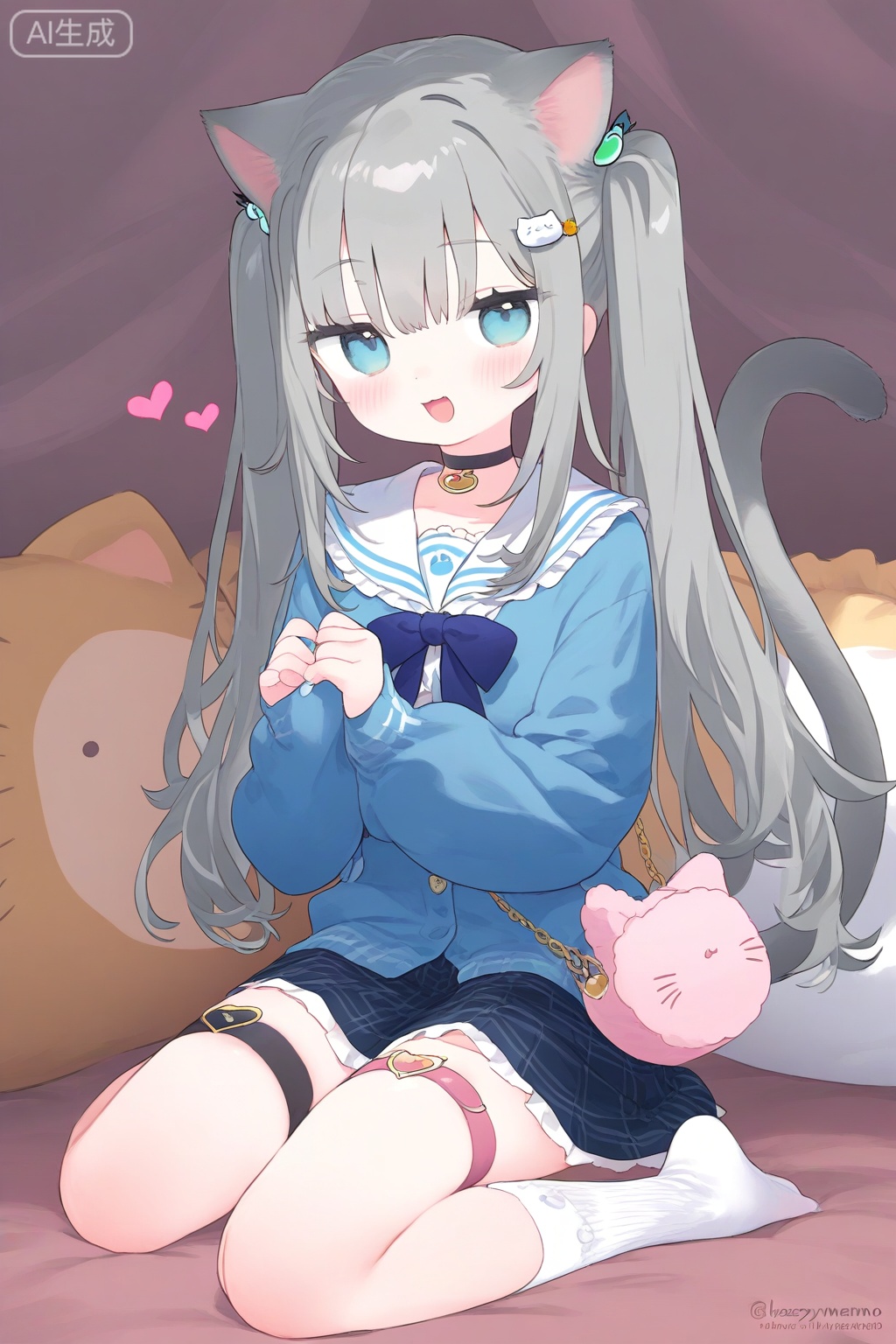 1girl, absurdres, animal bag, animal ears, blue jacket, bow, cardigan, cat-shaped pillow, cat bag, cat ears, cat girl, cat hair ornament, cat tail, choker, commentary, frills, grey hair, hair between eyes, hair ornament, heart, hennyano (nachoneko), highres, indie virtual youtuber, jacket, lazyramen, long hair, looking at viewer, nachoneko, open mouth, paw print, pleated skirt, sailor collar, sitting, skirt, smile, socks, tail, thigh strap, twintails, virtual youtuber, white socks