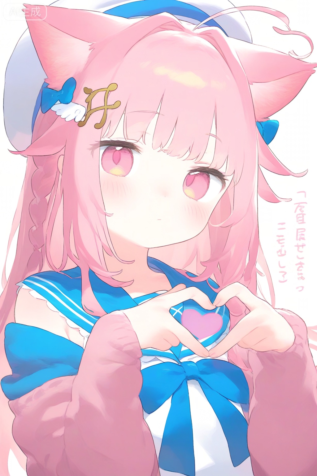 1girl, ahoge, animal ear fluff, animal ears, artist request, beret, blue bow, blue sailor collar, bow, braid, cardigan, cat ears, cat girl, choppy bangs, closed mouth, commentary, hair bow, hair intakes, hair ornament, half up braid, hat, heart, heart ahoge, heart hands, highres, indie virtual youtuber, katagiri aki, long sleeves, looking at viewer, musical note, musical note hair ornament, open cardigan, open clothes, pink cardigan, pink eyes, sailor collar, sailor shirt, school uniform, second-party source, shirt, simple background, single off shoulder, sleeveless, sleeveless shirt, solo, translation request, upper body, virtual youtuber, white background, white hat, white shirt, wing hair ornament