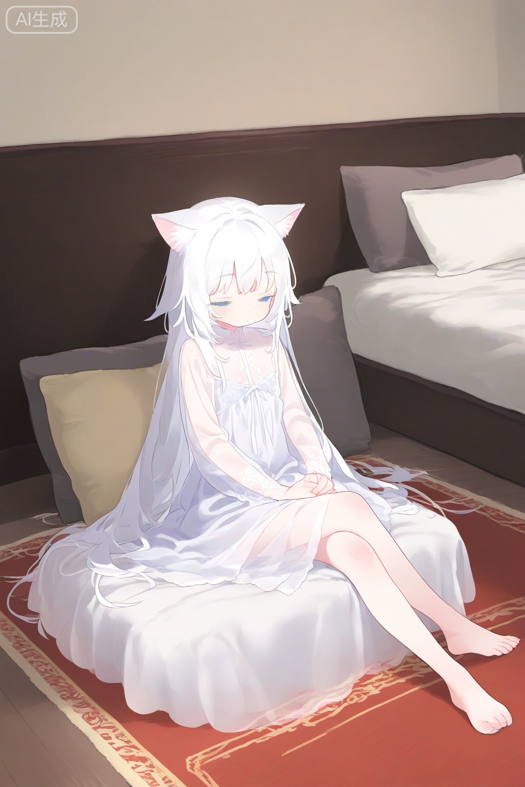 absurdres, animal ears, bed, blue eyes, carpet, cat ears, cat girl, cat tail, chinese commentary, closed eyes, crossed legs, highres, original, own hands together, pillow, see-through clothes, sleeping, tail, uta (xuyansong1996), white hair