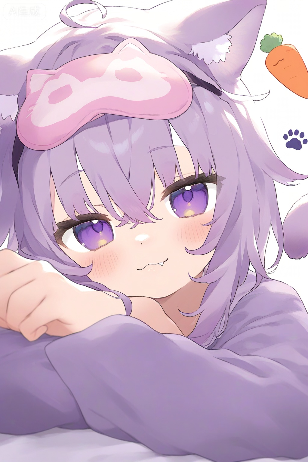 1girl, :3, ahoge, animal ear fluff, animal ears, blush, carrot, cat ears, cat girl, cat tail, commentary, crossed bangs, dot nose, fang, fang out, highres, hololive, long sleeves, looking at viewer, necoyu (yuyudomino), nekomata okayu, paw print, portrait, purple eyes, purple hair, purple shirt, shirt, short hair, simple background, sleep mask, smile, solo, tail, virtual youtuber, white background