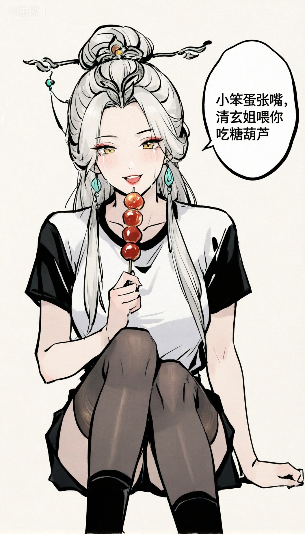 liqingxuan,李清玄,银白色长发高高盘起,点缀着精致的发饰,几缕发丝垂落肩头。她双眸呈金色,耳垂上挂着青玉吊坠耳环,上身T恤,下半身丝袜。坐姿全身照,手持糖葫芦,
并且有对话气泡,文字为”小笨蛋张嘴,清玄姐喂你吃糖葫芦“
