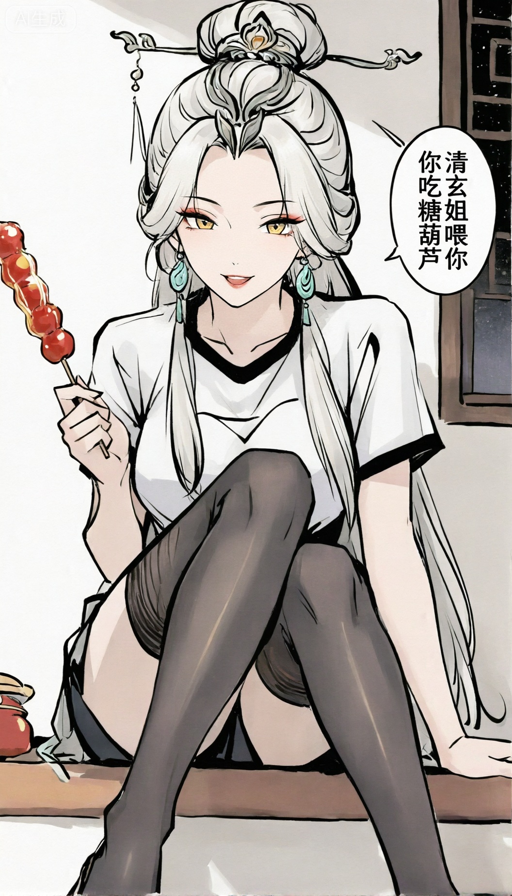 liqingxuan,李清玄,银白色长发高高盘起,点缀着精致的发饰,几缕发丝垂落肩头。她双眸呈金色,耳垂上挂着青玉吊坠耳环,上身T恤,下半身丝袜。坐姿全身照,手持糖葫芦,
并且有对话气泡,文字为”清玄姐喂你吃糖葫芦“