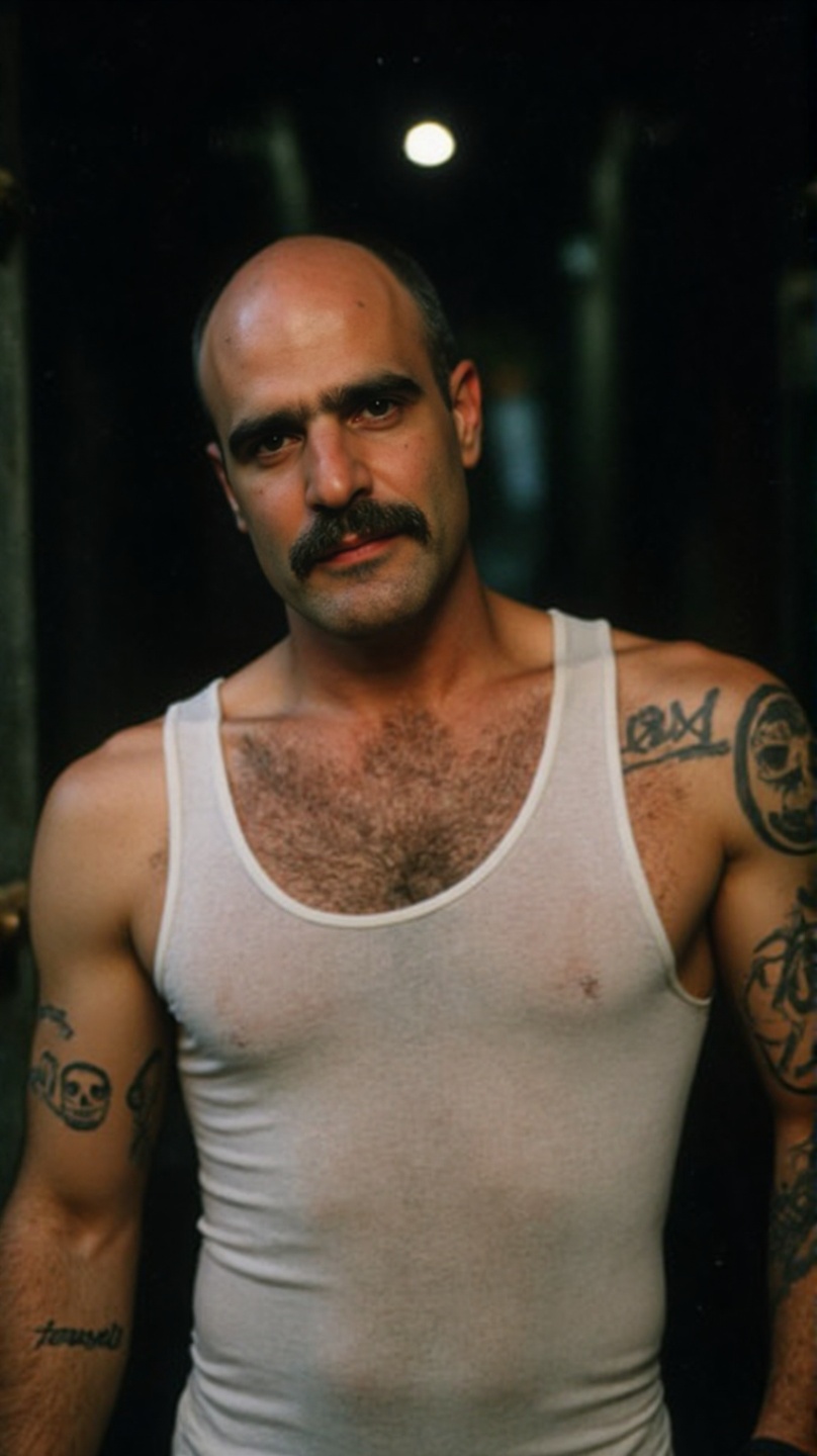 A middle-aged bald man with a thick,  bushy mustache,  around 40 years old. His body is covered in dark on Tensor.Art