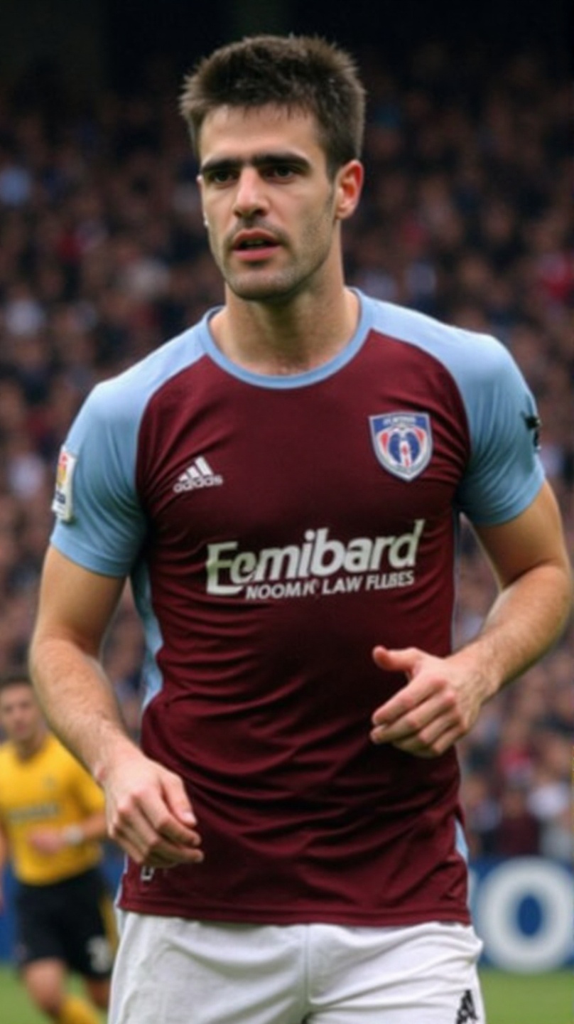 A focused male athlete in his 20s with short,  dark brown hair and a neatly trimmed beard,  wearing a maroon and light blu...