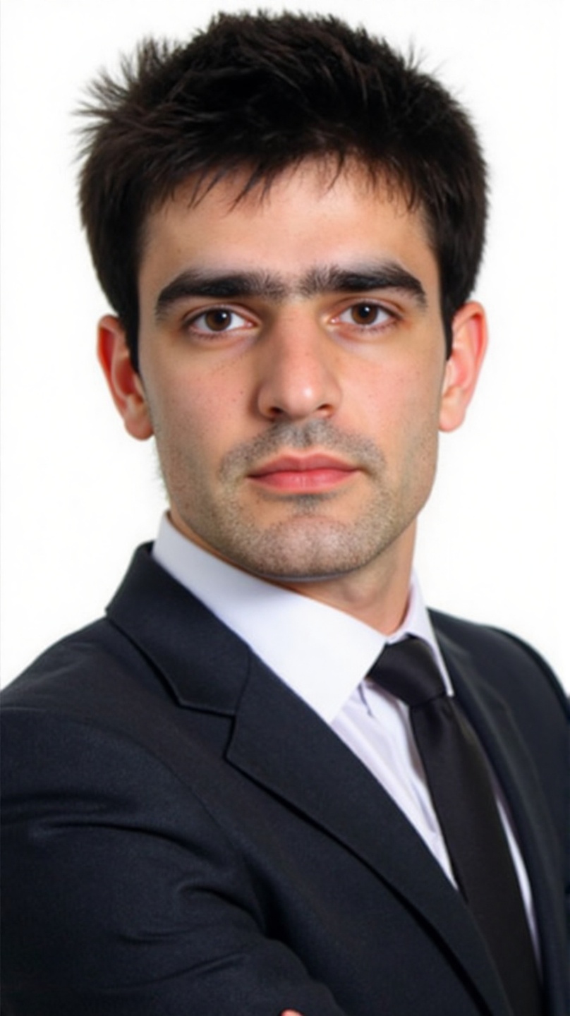 ID photo of a young man dressed in formal business attire. He has short dark hair,  thick eyebrows,  blushed cheeks on Ten...