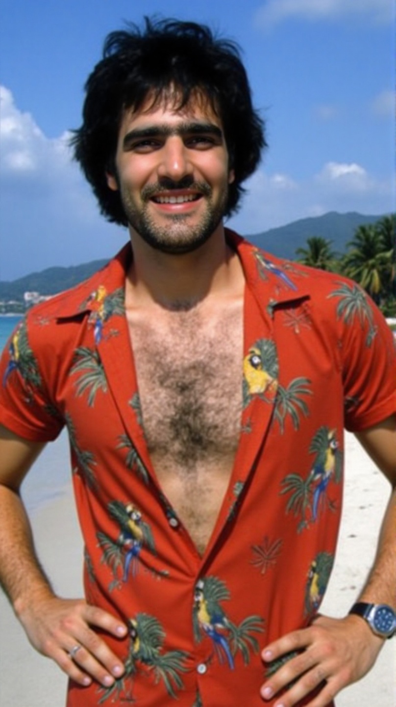 A confident man from the 1970s with facial hair and wavy dark hair stands against a tropical backdrop of blue skies and di...