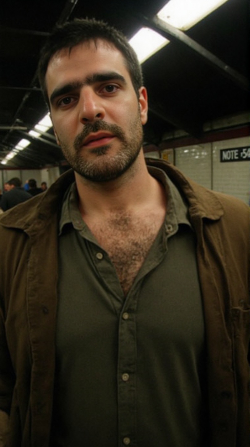 A middle-aged man with a thick goatee stands in a dimly lit subway station. His rugged face,  framed by a strong jawline,...