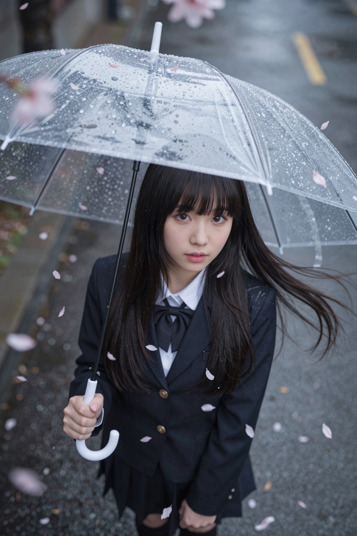 A photorealistic,  photograph High-angle,  extreme close-up shot looking down at a young East Asian woman standing on a ci...