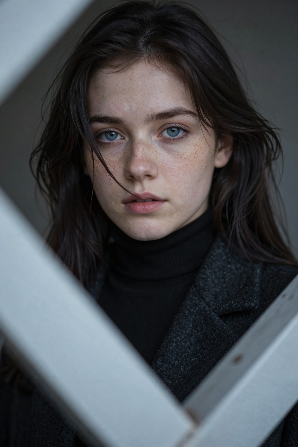 A close-up portrait of a young woman with striking blue eyes,  abundant freckles,  and wind-swept dark hair. She wears a b...