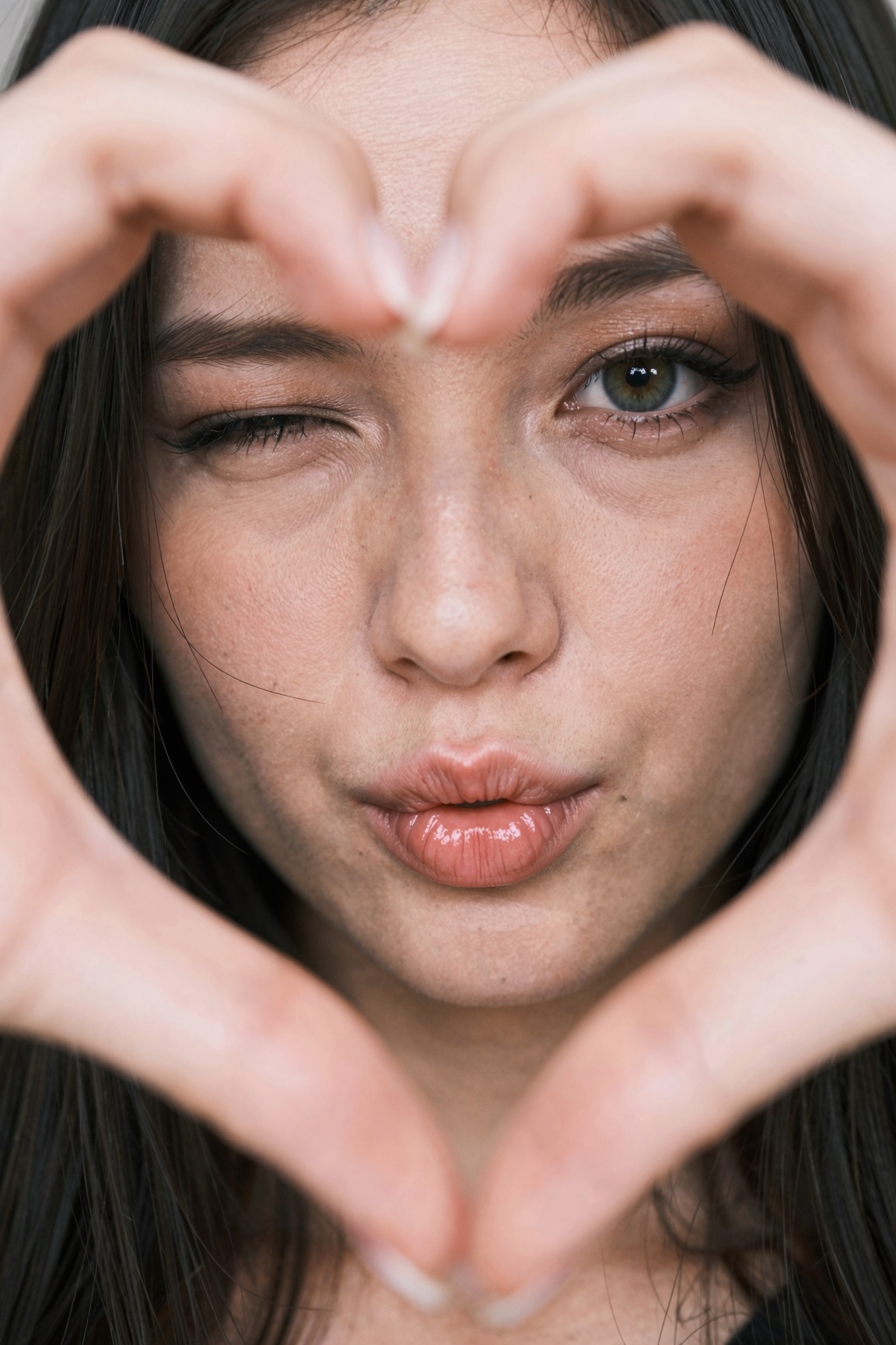 A vertical 7:9 extreme close-up portrait of a young Caucasian American woman of European descent,  photographed straight o...