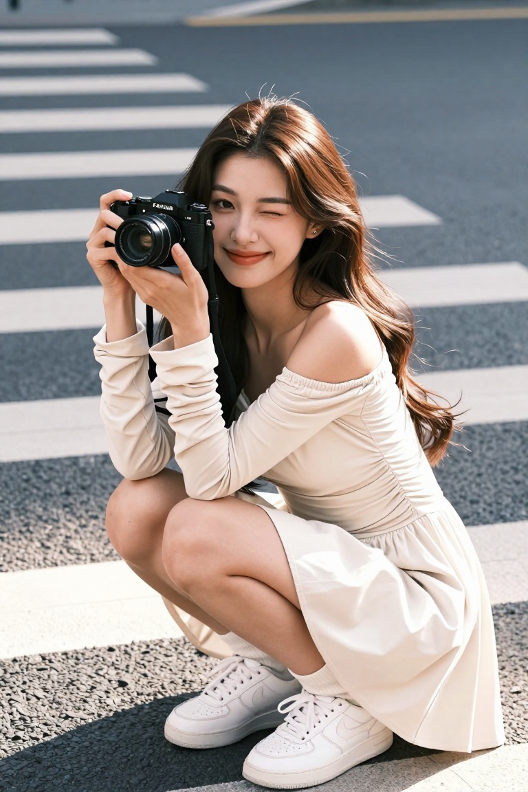 A young woman crouches on a zebra crossing,  holding a black Fujifilm camera toward the viewer. She wears an off-shoulder...