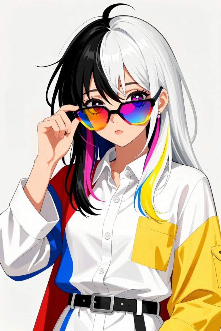 anime,  a young woman with dramatically split-dyed hair — jet black on the left,  pure white on the right — accented with...