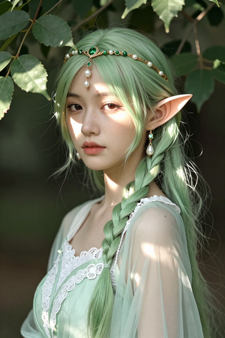 A young woman with long pale green hair styled in a thick side braid,  pointed elf-like ears visible. She wears a delicate...