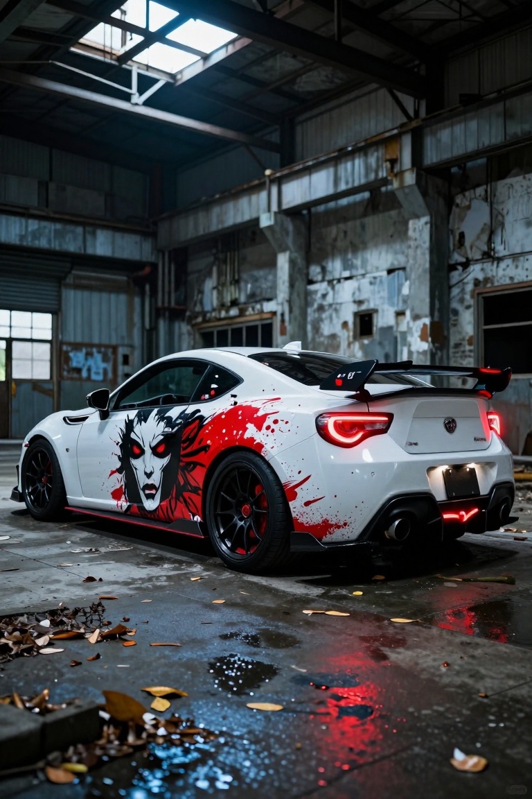 A custom white sports coupe parked in a gritty abandoned factory. The car features bold red-and-black splatter paint with...