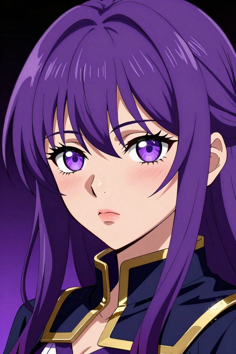 anime,  close-up portrait of a young woman with long vibrant purple hair and sharp bangs,  intense purple eyes with detail...