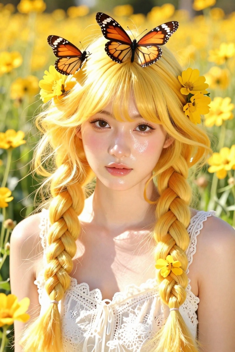 A young woman with long vibrant yellow hair styled in two thick braids,  adorned with fresh yellow flowers and a large mon...
