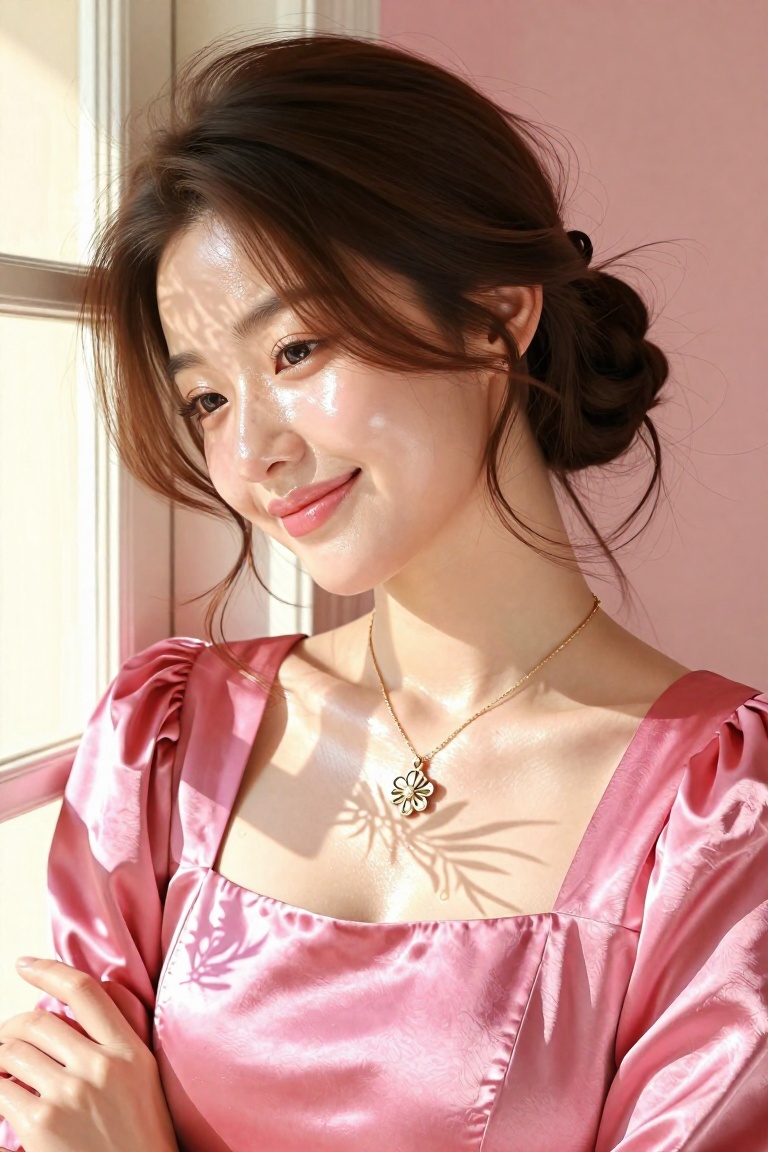 A young woman with dark hair styled in a low elegant updo,  loose tendrils framing her face. She wears a vibrant pink sati...