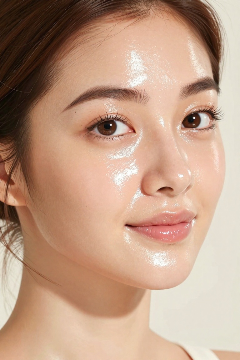 A young woman in tight close-up,  face turned slightly to the side,  looking softly toward the camera. Her skin has a natu...