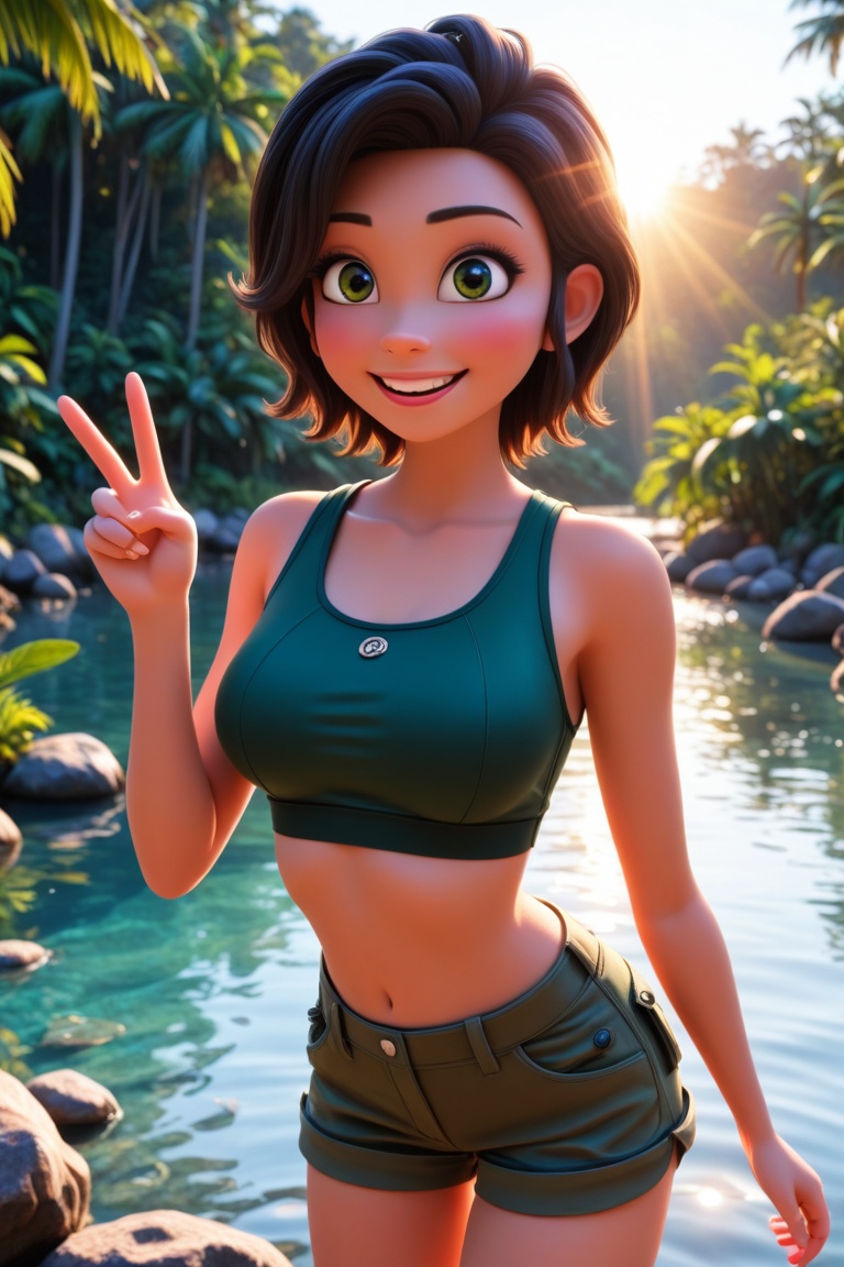 A woman by a clear jungle stream. She is wearing a dark green sporty crop top and cargo shorts. She is making a cute "V" s...