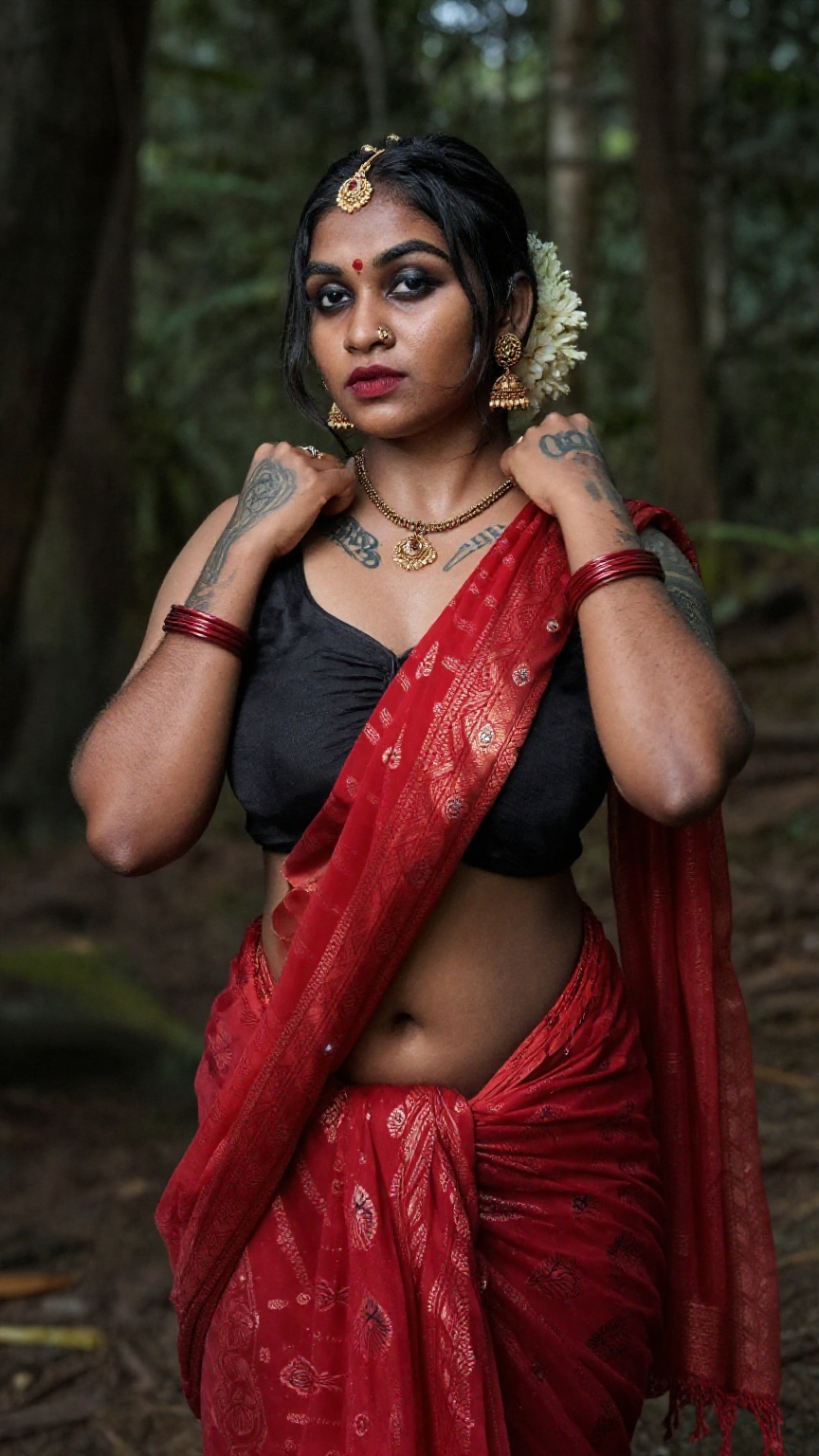 Create a woman with punk tattoos and makeup,  cyberpunk style ,  red pattu saree and blouse on Tensor.Art