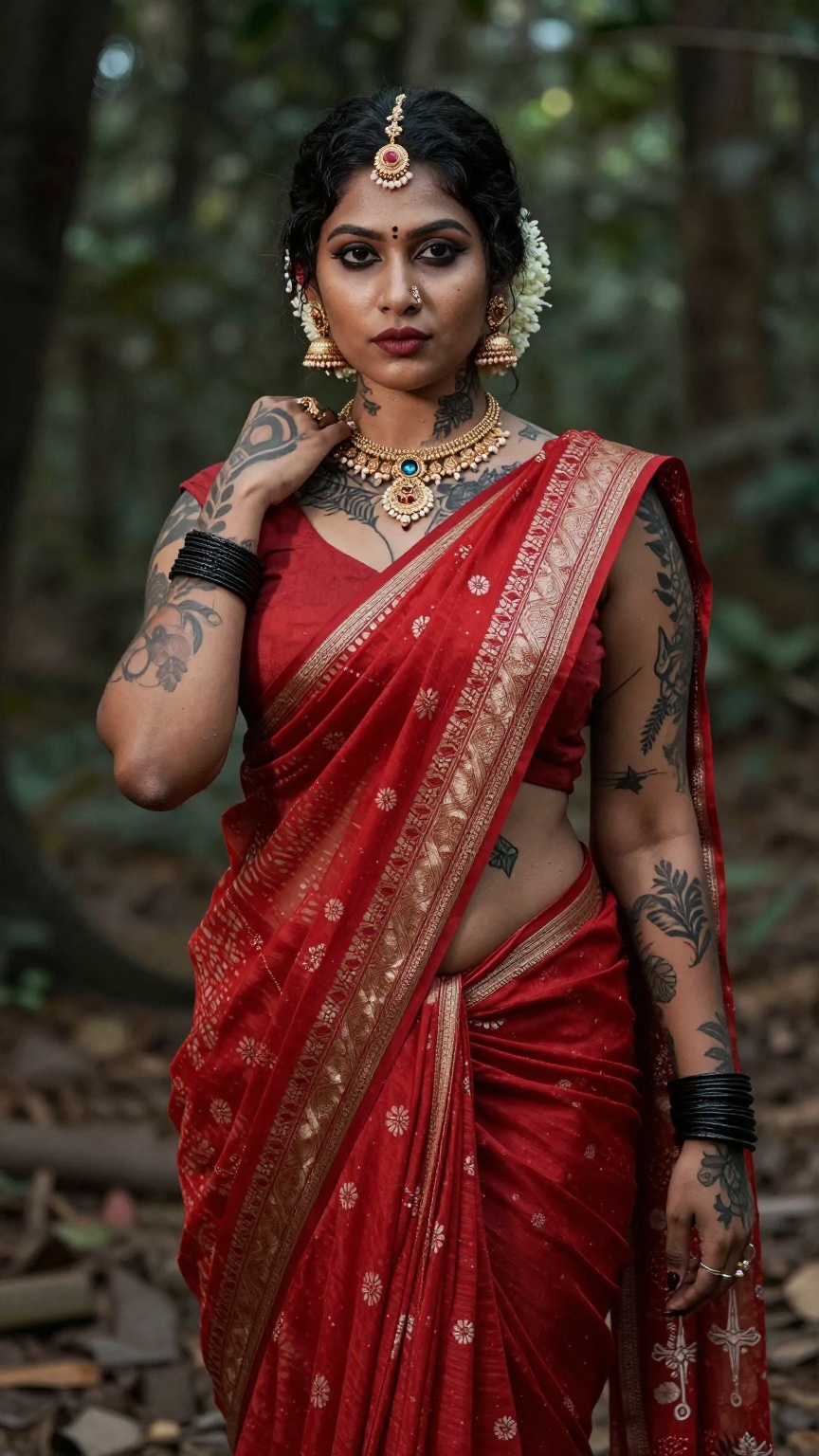 Create a woman with punk tattoos and makeup,  cyberpunk style ,  red pattu saree and blouse on Tensor.Art
