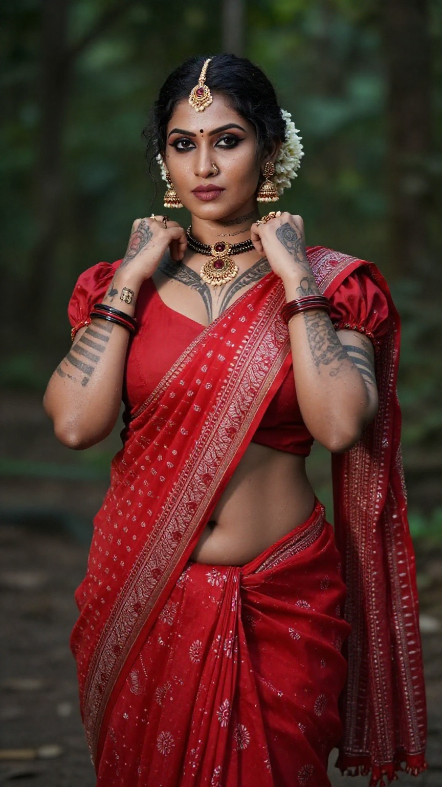 Create a woman with punk tattoos and makeup,  cyberpunk style ,  red pattu saree and blouse on Tensor.Art