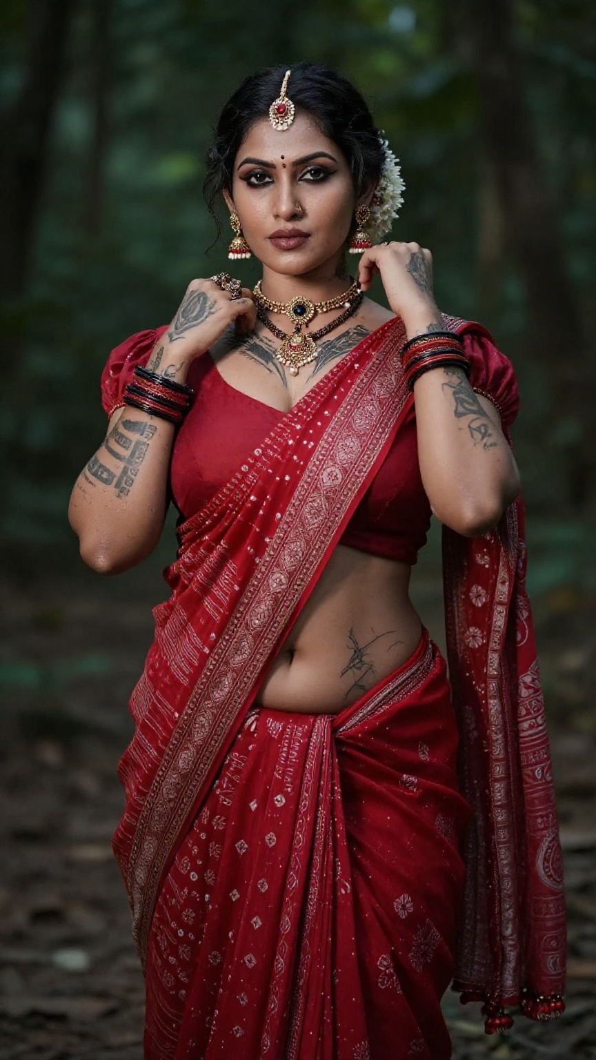 Create a woman with punk tattoos and makeup,  cyberpunk style ,  red pattu saree and blouse on Tensor.Art