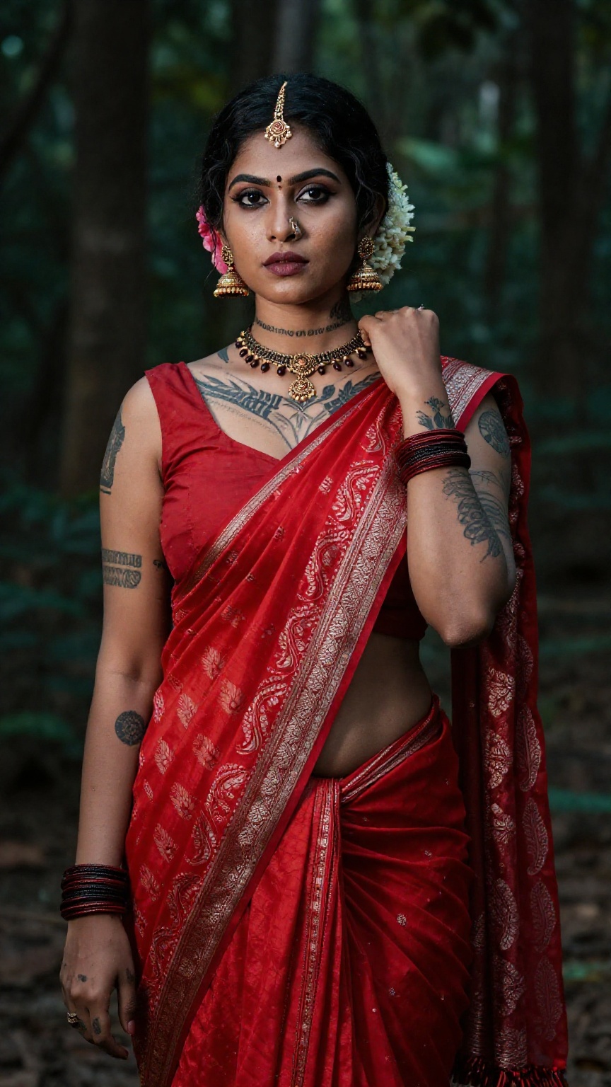 Create a woman with punk tattoos and makeup,  cyberpunk style ,  red pattu saree and blouse on Tensor.Art