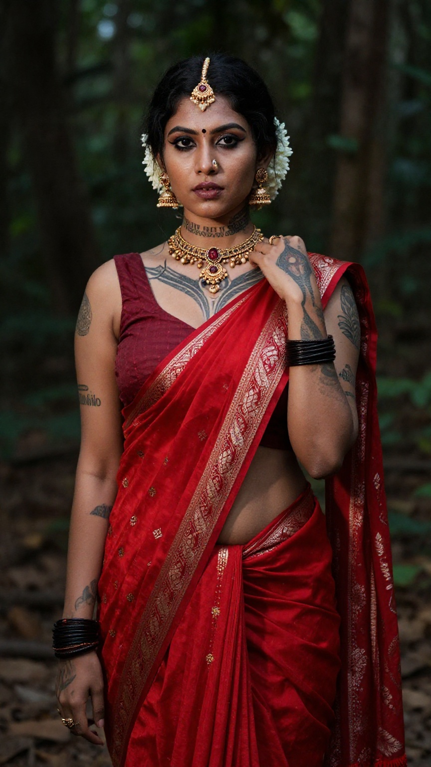 Create a woman with punk tattoos and makeup,  cyberpunk style ,  red pattu saree and blouse on Tensor.Art