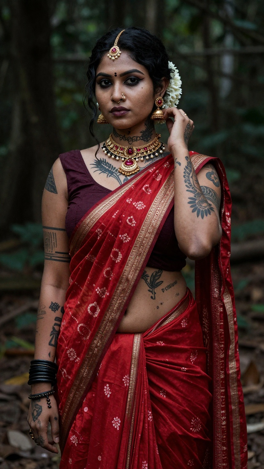 Create a woman with punk tattoos and makeup,  cyberpunk style ,  red pattu saree and blouse on Tensor.Art