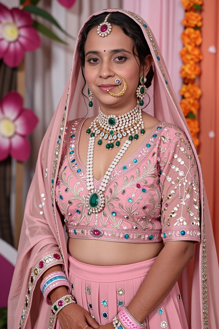 The image shows a woman dressed in traditional Indian attire,  specifically a pink lehenga with intricate embroidery and e...