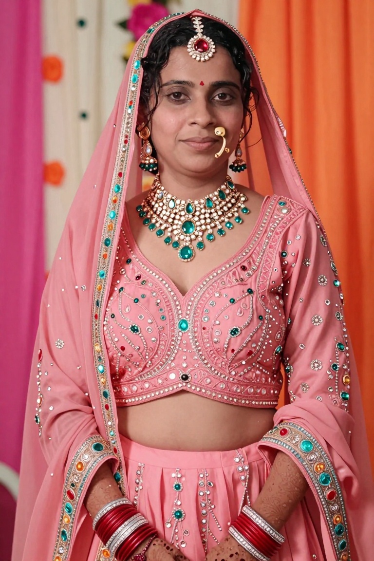The image shows a woman dressed in traditional Indian attire,  specifically a pink lehenga with intricate embroidery and e...