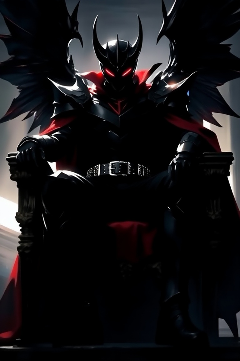 Full-body shot of 1boy sitting solo on a towering,  ornate throne,  male_focus central. He wears sleek black armor with sh...