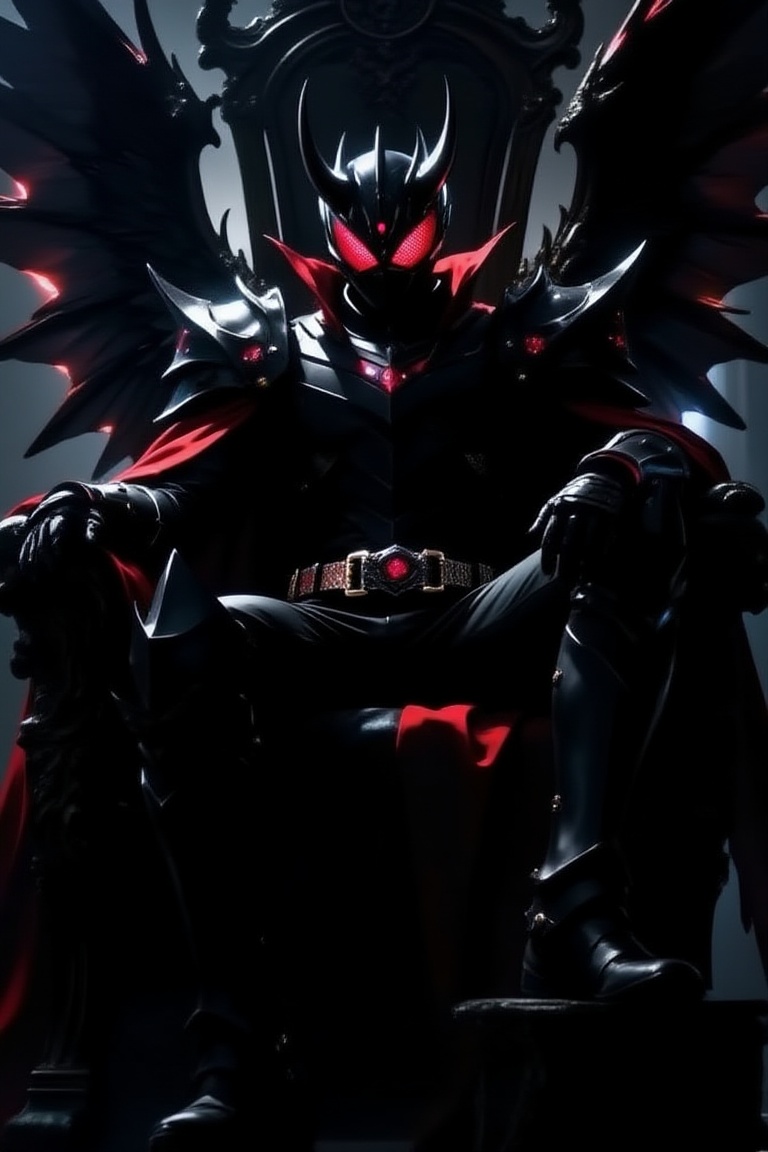 Full-body shot of 1boy sitting solo on a towering,  ornate throne,  male_focus central. He wears sleek black armor with sh...