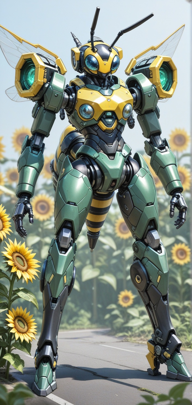 Realistic robotic bee with six metal legs,  greenish-black and yellow black armor,  standing on a sunflower. Detailed mech...