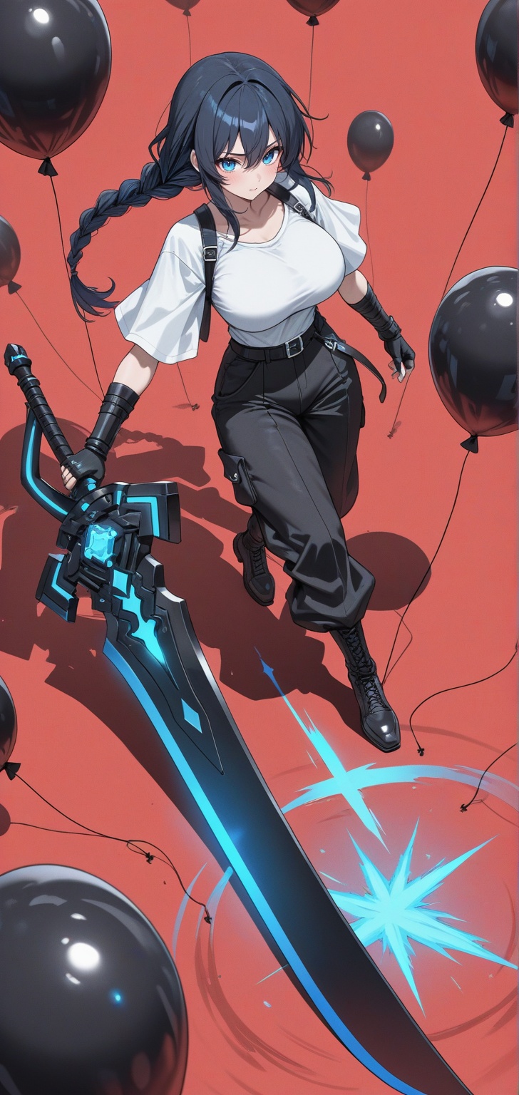 female anime character in black balloon trousers,  white top,  holding a gigantic sword on Tensor.Art