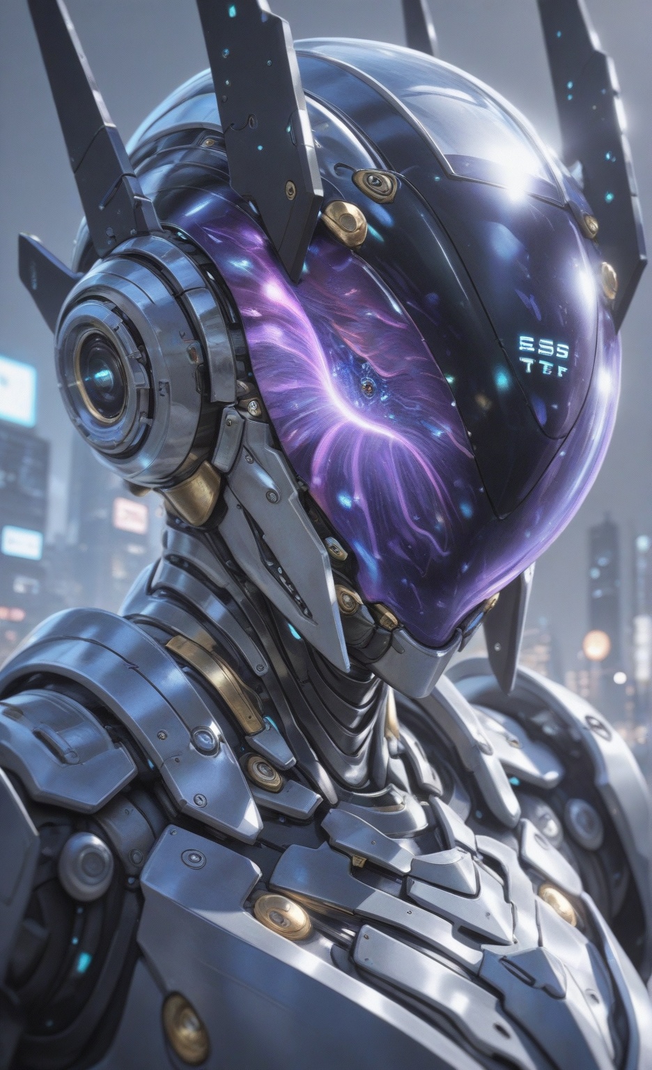 A hyperrealistic,  dynamic close-up portrait of an advanced,  sleek humanoid robot or mecha. The robot is primarily dark o...